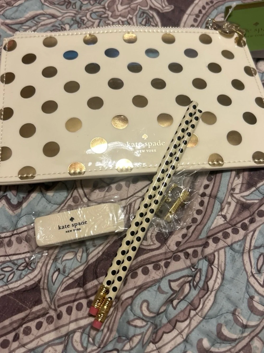 kate spade Cream and Gold Polka Dot Pencil Pouch